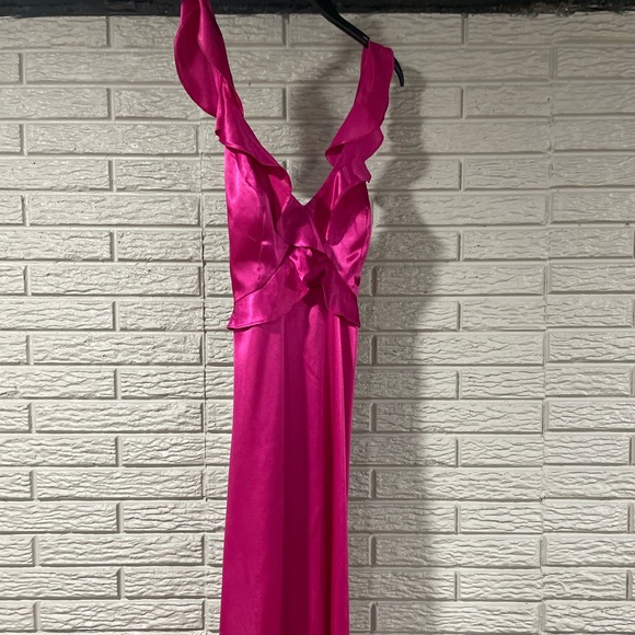 Fuchsia pink dress with ruffle crossing on the front, silk material! - Picture 3 of 3